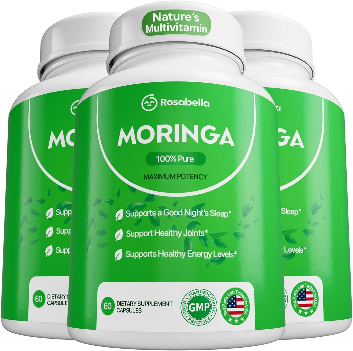 Rosabella Moringa Capsules -Pure MoringaPowder, Energy, Skin, lmmune & Gut HealthSuperfood, Rich in Antioxidants, EssentialVitamins & Amino Acids, Natural GreenSuperfood Supplement- 60 Count