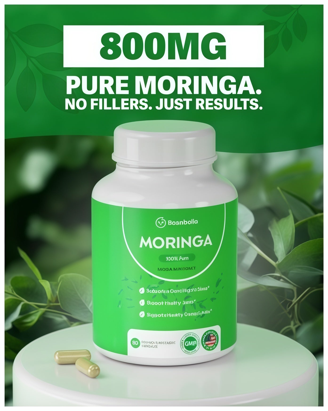 Rosabella Moringa Capsules -Pure MoringaPowder, Energy, Skin, lmmune & Gut HealthSuperfood, Rich in Antioxidants, EssentialVitamins & Amino Acids, Natural GreenSuperfood Supplement- 60 Count
