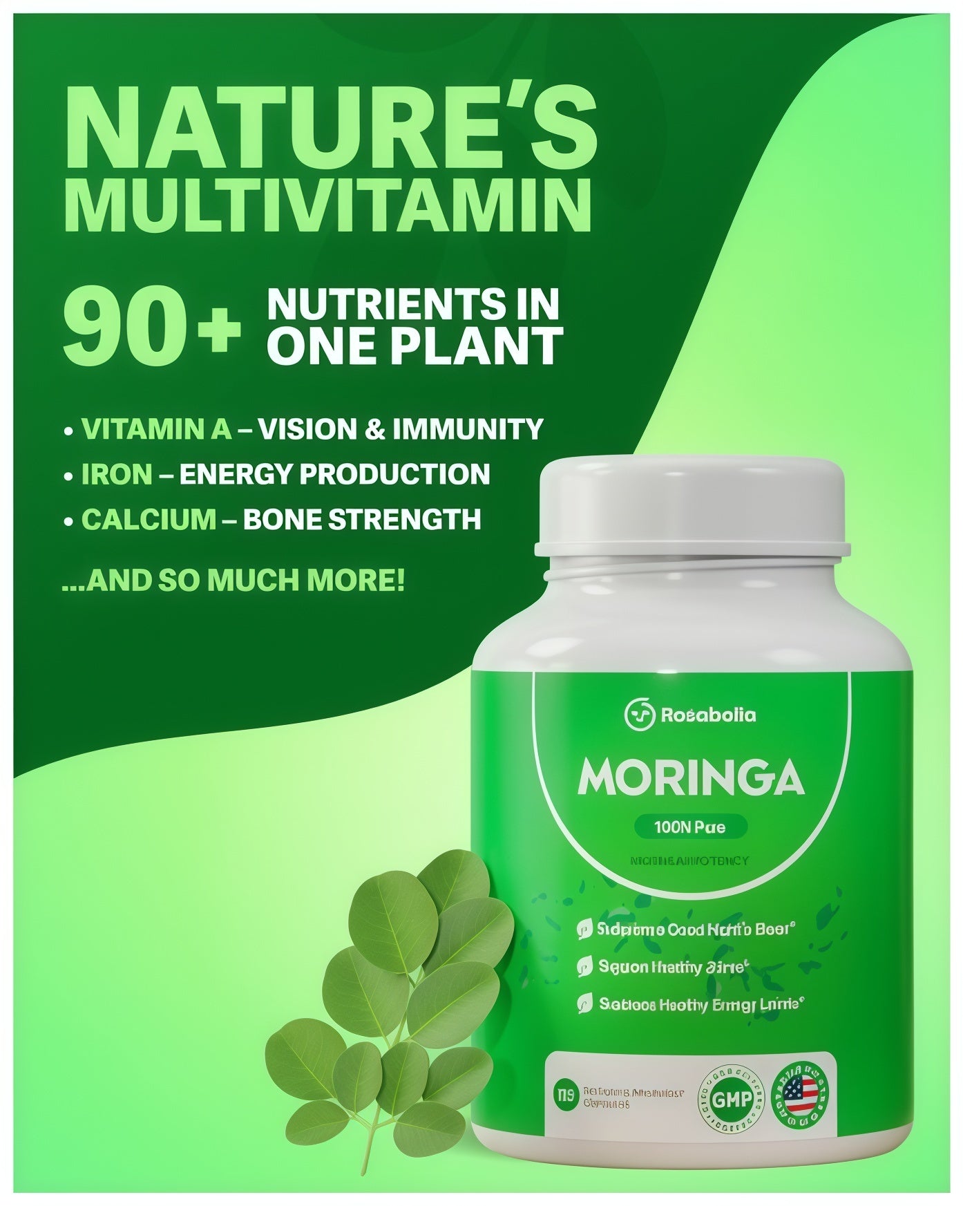 Rosabella Moringa Capsules -Pure MoringaPowder, Energy, Skin, lmmune & Gut HealthSuperfood, Rich in Antioxidants, EssentialVitamins & Amino Acids, Natural GreenSuperfood Supplement- 60 Count