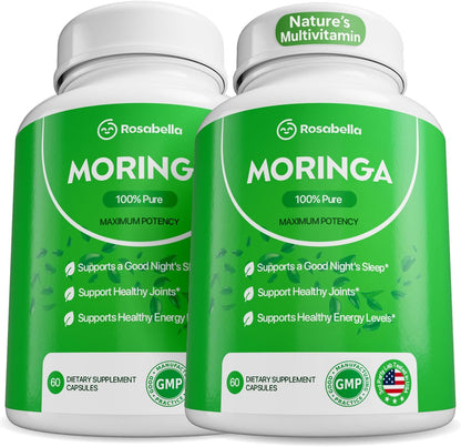 Rosabella Moringa Capsules -Pure MoringaPowder, Energy, Skin, lmmune & Gut HealthSuperfood, Rich in Antioxidants, EssentialVitamins & Amino Acids, Natural GreenSuperfood Supplement- 60 Count